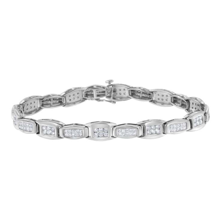 14K White Gold 2.50ctw Round and Baguette Cut Diamond Alternating Flared
Links Tennis Bracelet