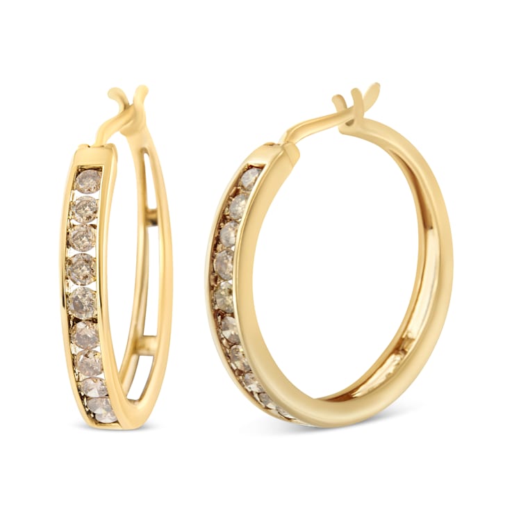 14K Yellow Gold Plated .925 Sterling Silver 1.0 Cttw Champagne Diamond
Hoop Earrings with Snap Post
