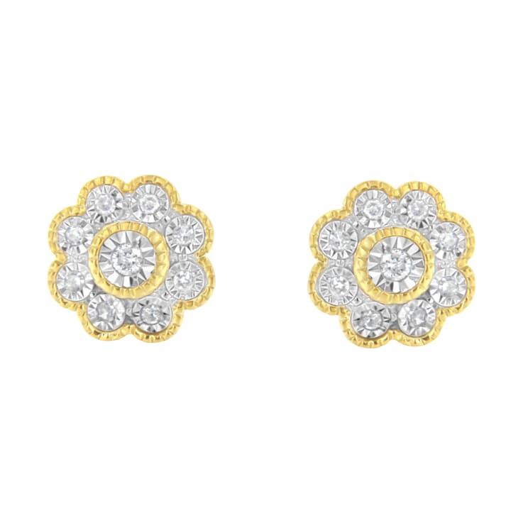 14K Yellow Gold Over Sterling Silver 1/6ctw Miracle-Plate Set Diamond
Floral Stud Earrings