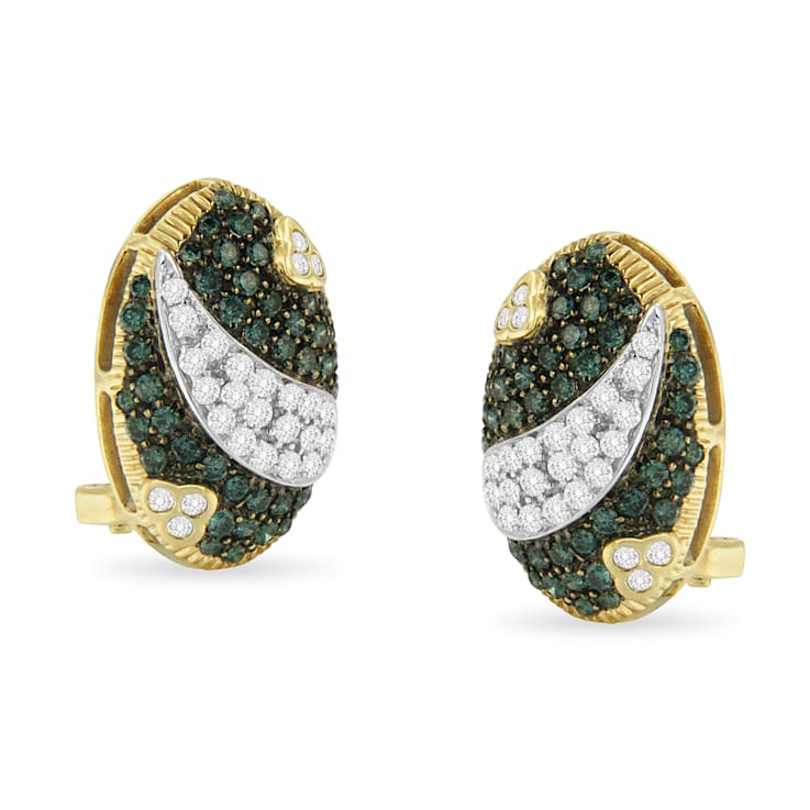 14K Yellow Gold with Black and White Rhodium 2-1/10ctw White and Blue
Diamond Oval Omega Earrings