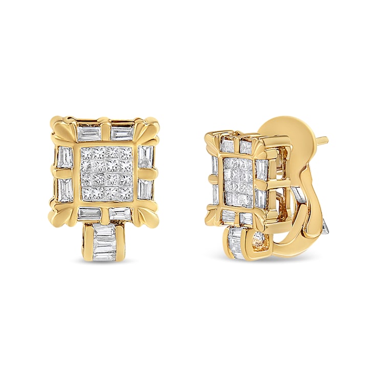 14K Yellow Gold 7/8ctw Princess and Baguette-Cut Diamond Square Framed
Huggie Hoop Omega Earrings