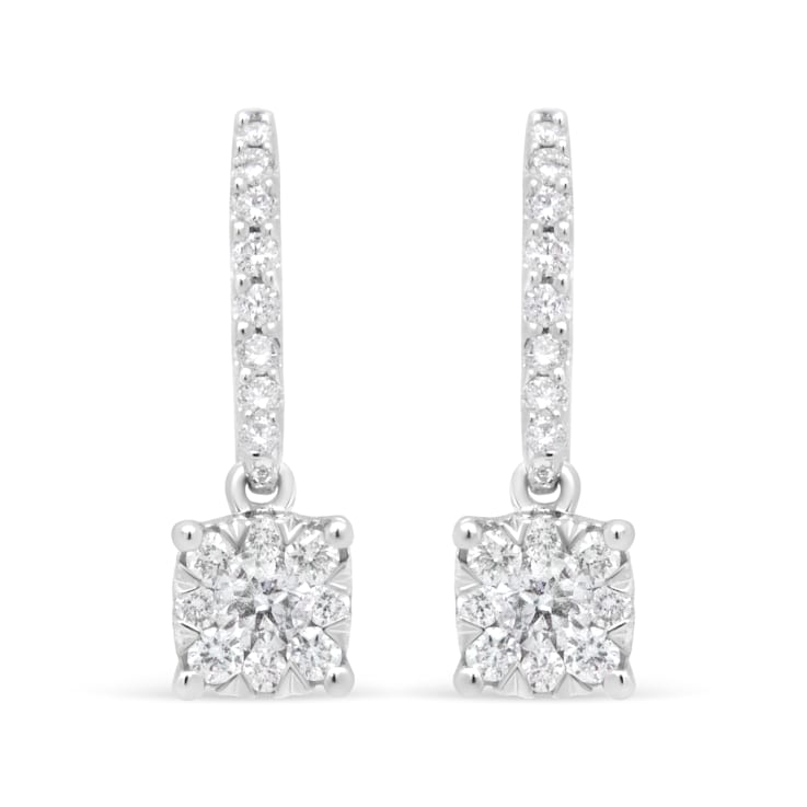 14K White 1/2ctw Round Diamond Halo Dangle Hook Earring