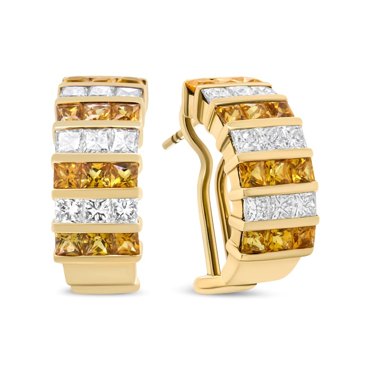 18K Yellow Gold 1 3/4 Cttw Invisible Set Princess Cut Diamond and Yellow
Sapphire Huggie Earrings