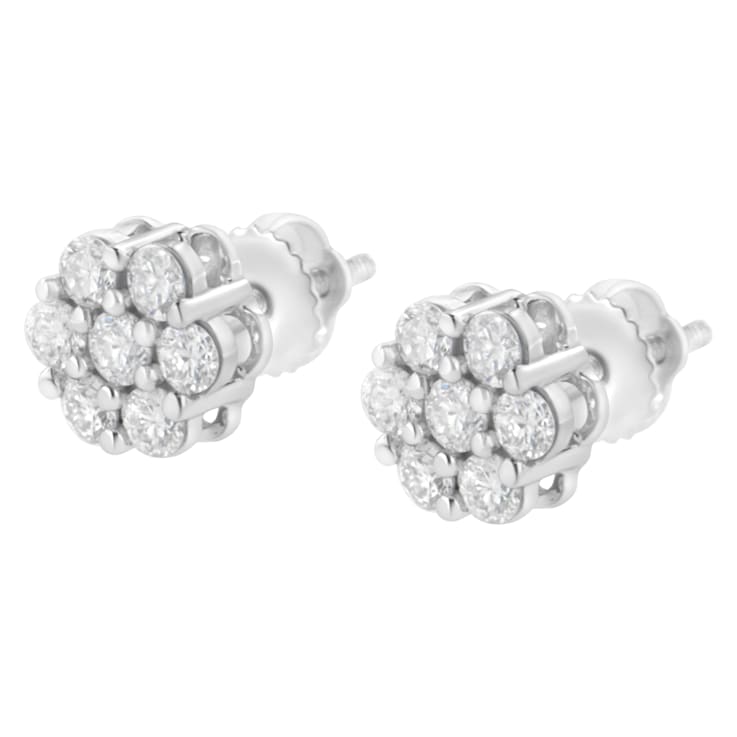 14K White Gold 3/4ctw 7 Stone Floral Cluster Round Diamond Stud Earrings
with Screw Backs