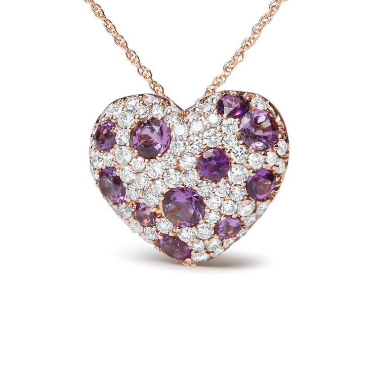 18K Rose Gold Round Purple Amethyst Gemstone with Round Diamonds Cluster
Heart Pendant