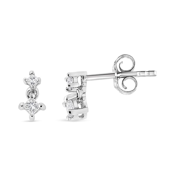 14K White Gold 1/4ctw Princess-Cut Double Diamond Drop and Dangle Stud Earrings