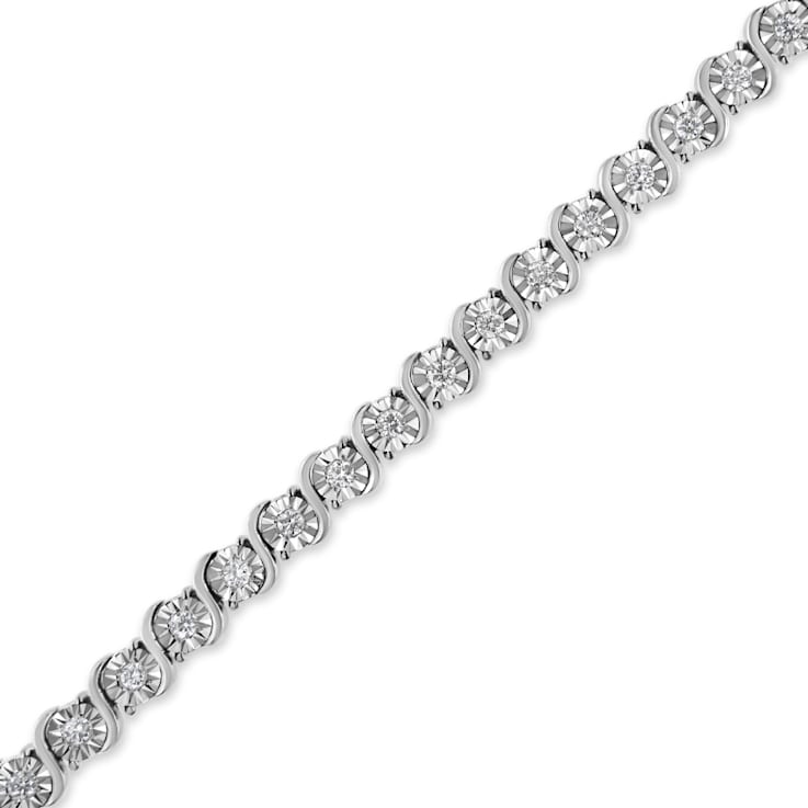 14K White Gold 1.0ctw Lab Grown Diamond Round Miracle Plate and
"S" Link Tennis Bracelet