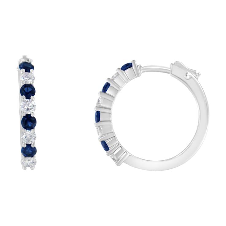 2.5MM Blue Sapphire and 0.50ctw Diamond Hoop 10K White Gold Earrings