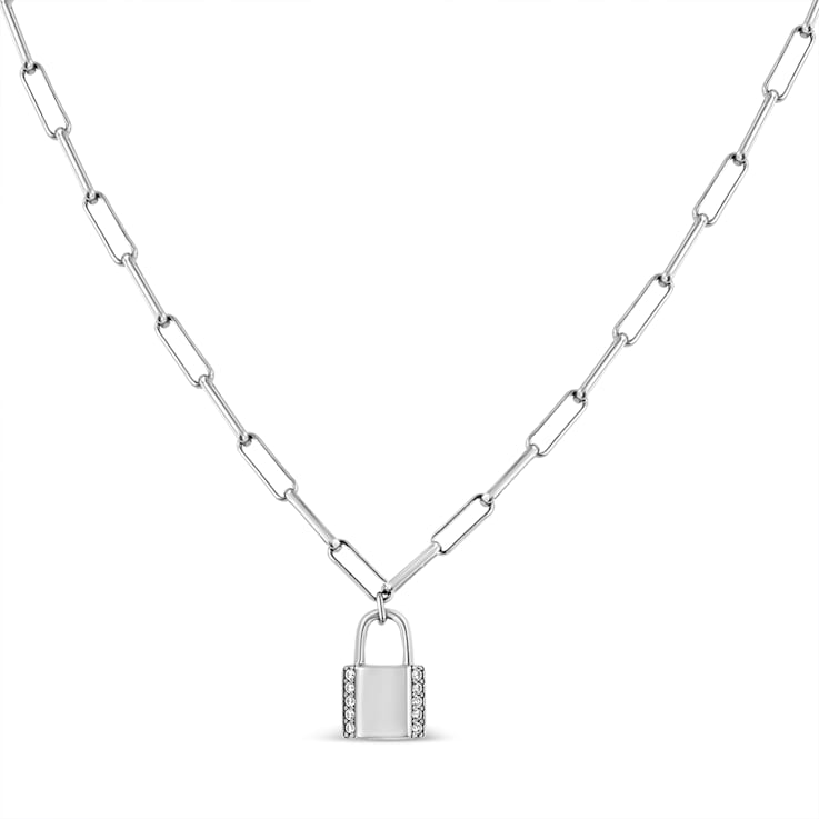 Sterling Silver 1/10ctw Round Diamond Lock Pendant 16" Paperclip
Chain (H-I Color, SI1-SI2 Clarity)