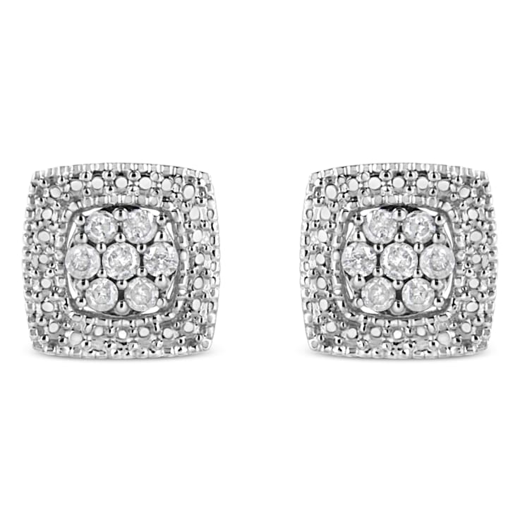 Sterling Silver 1/2ctw Diamond Miligrain Square Shape Stud Earrings