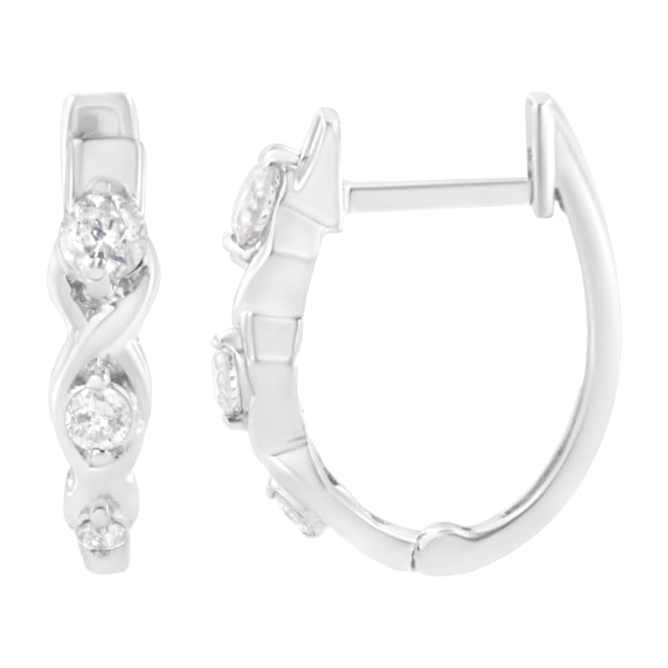 Sterling Silver 1/4ctw Prong Set Round-Cut Diamond Twist and Swirl Hoop Earring