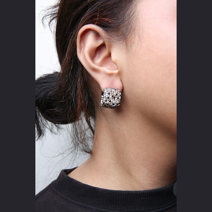 Black Rhodium over 18K White Gold Multi-Color Round Diamond Cluster Square  Huggie Hoop Earrings - 19B7RA