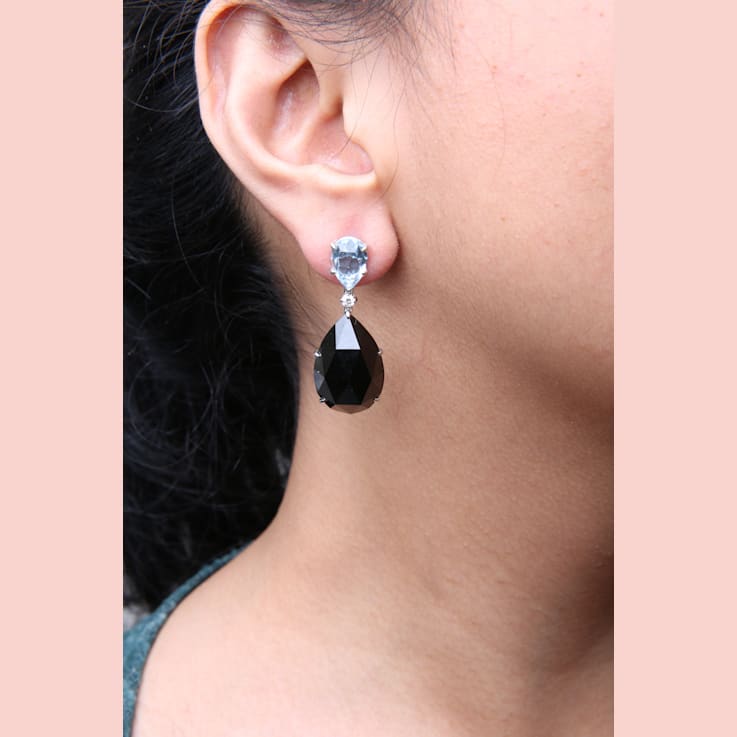 18K White Gold Onyx Pear and Blue Topaz Pear Gemstone with Diamond
Accent Teardrop Dangle Earrings