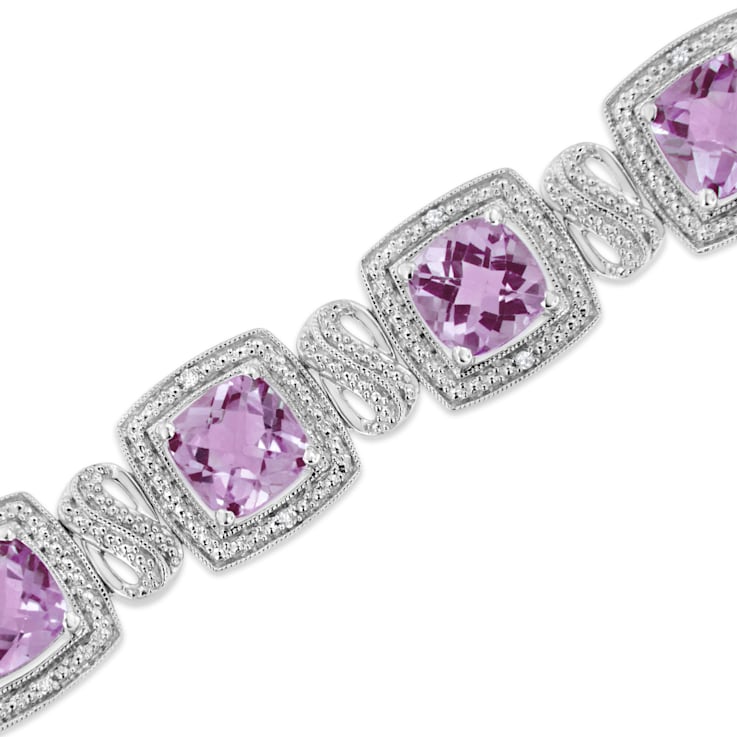 .925 Sterling Silver 7x7 mm Cushion Cut Amethyst and 1/10ctw Round
Diamond Tennis Bracelet