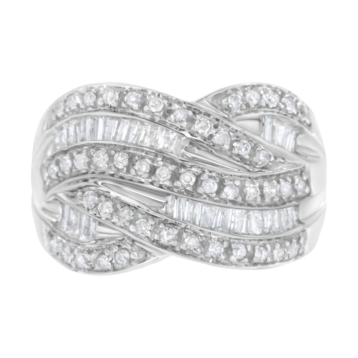 Sterling Silver 1.0ctw Channel Set Mixed Diamond Cross-over Bypass Ring
(I-J Color, I2-I3 Clarity)