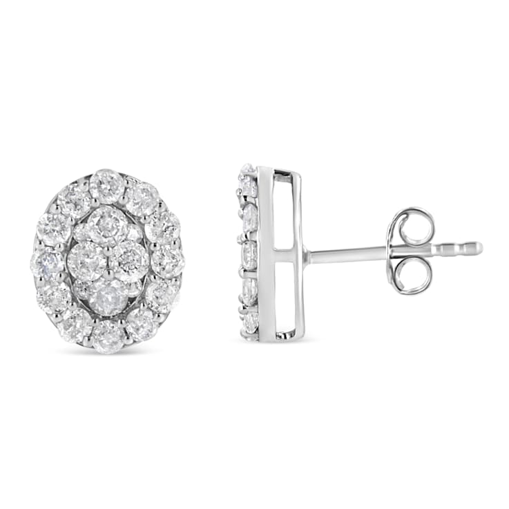 Sterling Silver 1 1/2ctw Round-Cut Diamond Oval Shaped Stud Earrings