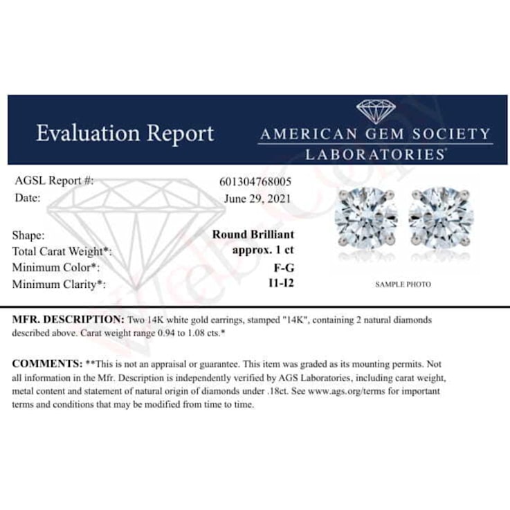 14K White Gold AGS Certified 1.0ctw Brilliant Round-Cut Solitaire
Diamond Push Back Stud Earrings