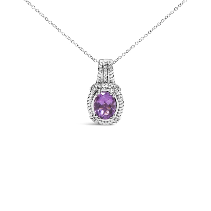 Sterling Silver Oval Amethyst and Round Diamond Accent Fashion Drop
Pendant 18 Inch Chain