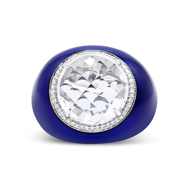 18K White Gold 14mm White Quartz and 1/5 Cttw Diamond Halo