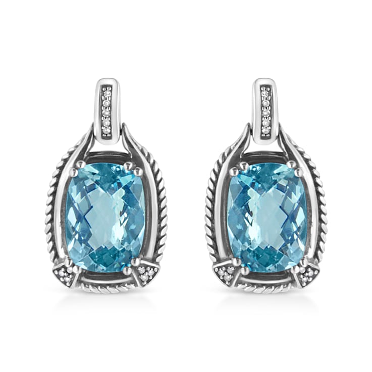 Sterling Silver 14x10MM Cushion Cut Blue Topaz Gemstone and Diamond
Accent Dangle Earrings