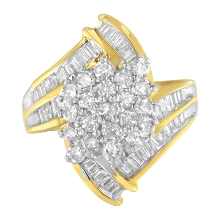 10K Yellow Gold Round and Baguette Diamond Swirl Ring (2.0