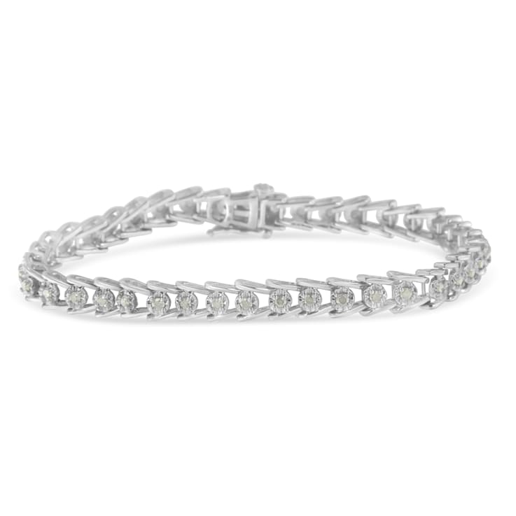 Sterling Silver 1.0ctw Rose-cut Diamond Wave link Bracelet