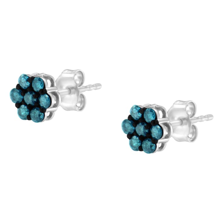 Sterling Silver Treated Blue Diamond Floral Stud Earrings .50ctw