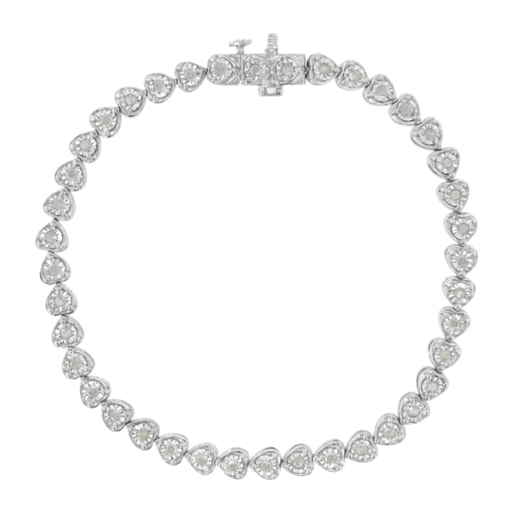 Rhodium Over Sterling Silver 1.0 Ctw Diamond Heart Tennis Bracelet