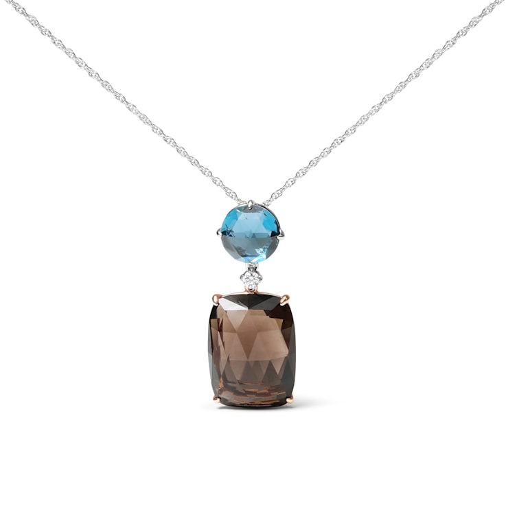 18K Two-tone Gold Cushion Cut Smoky Quartz and Round Blue Topaz Gemstone
with Diamond Accent Pendant