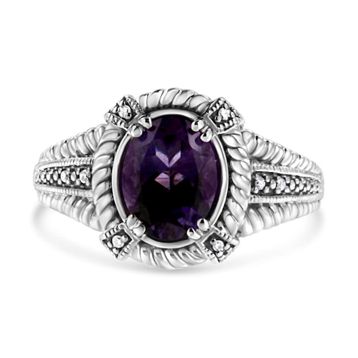 .925 Sterling Silver Prong Set Oval 9X7 MM Purple Amethyst Solitaire and
Diamond Accent Ring