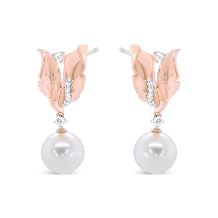 14K Rose Gold 1/6 Cttw Round Diamond and 8mm Round Pearl Floral Drop
Stud Earrings