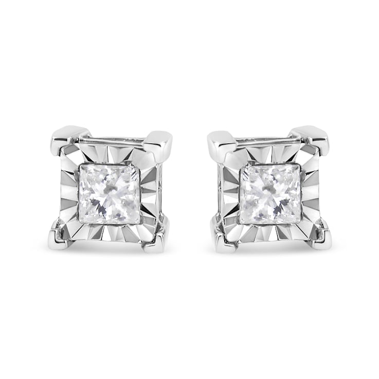 0.50ctw Miracle-Set Princess Cut Diamond Solitaire Sterling Silver Stud Earrings