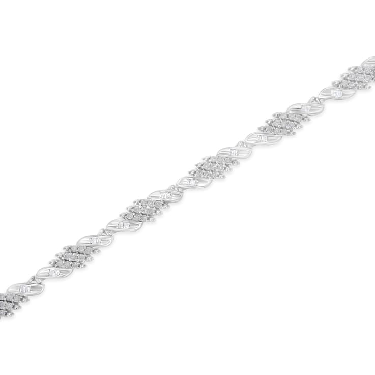 Sterling Silver 1.50ctw Round and Baguette Cut Diamond Wave Link Bracelet