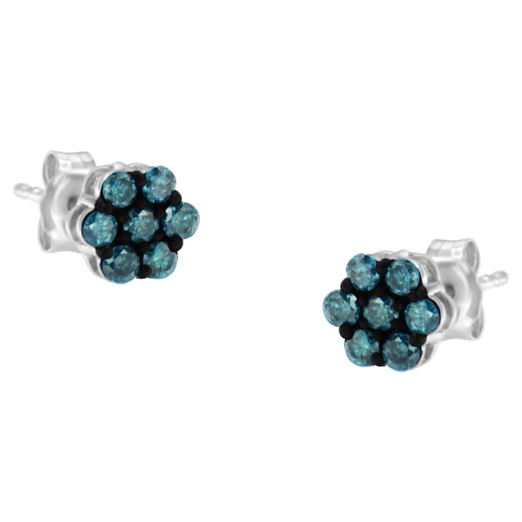 Sterling Silver Treated Blue Diamond Floral Stud Earrings .50ctw