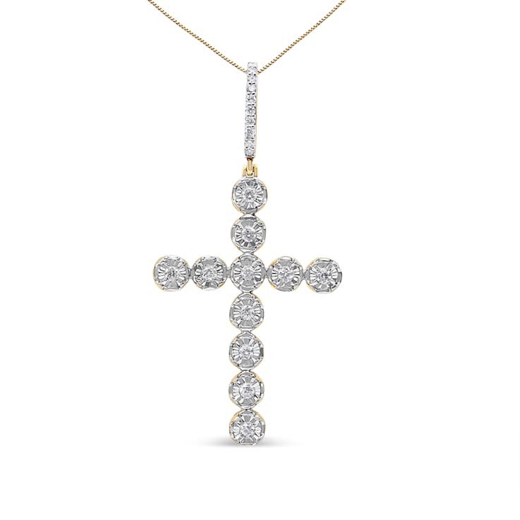 0.625ctw Round Miracle-Set Diamond Circle Cross 10K Yellow Gold Pendant