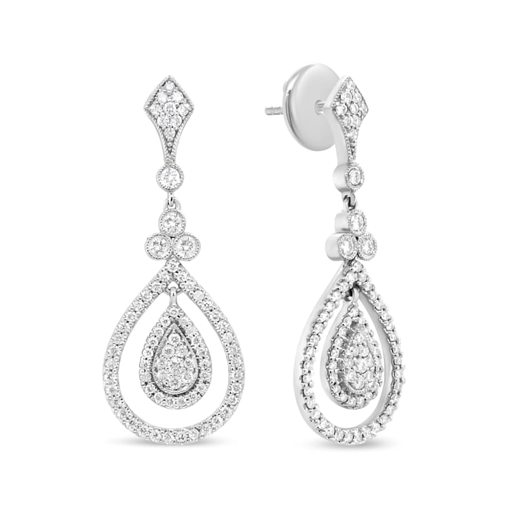 18K White Gold 1 1/4 Cttw Round Diamond Openwork Teardrop-Shaped Dangle Earrings