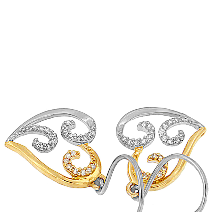 10K Two-tone Gold Round Diamond Heart Dangle Earrings 1/4ctw