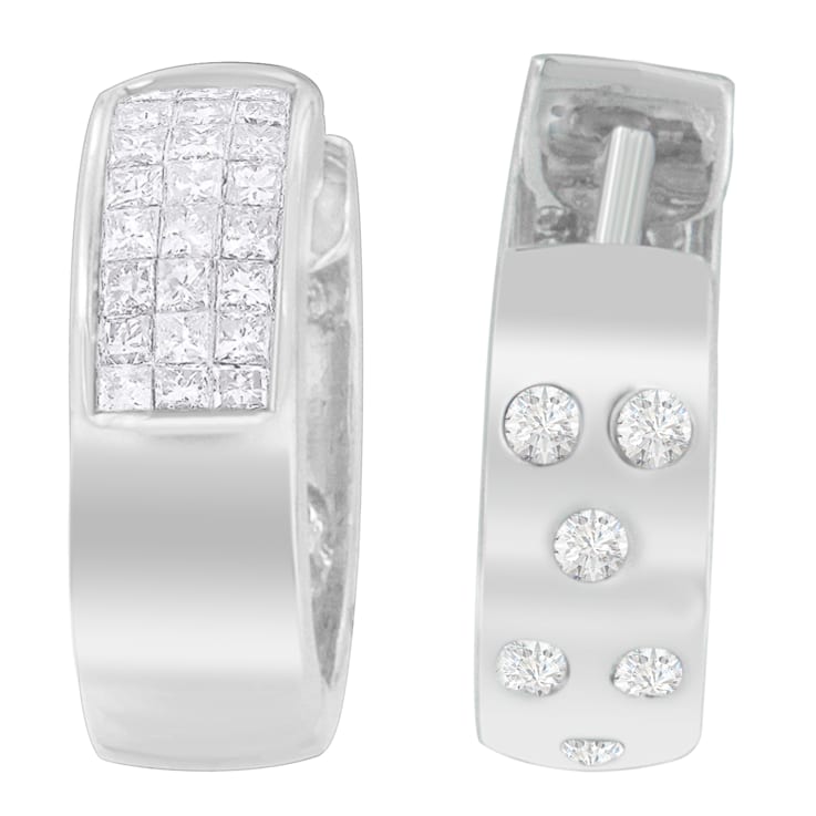 14K White Gold 1 1/8ctw Princess and Round Cut Diamond Huggie Earrings