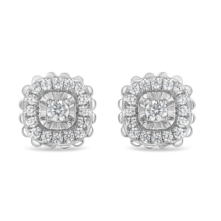 Sterling Silver 1/2ctw Round-Cut Diamond Halo Cluster Stud Earring