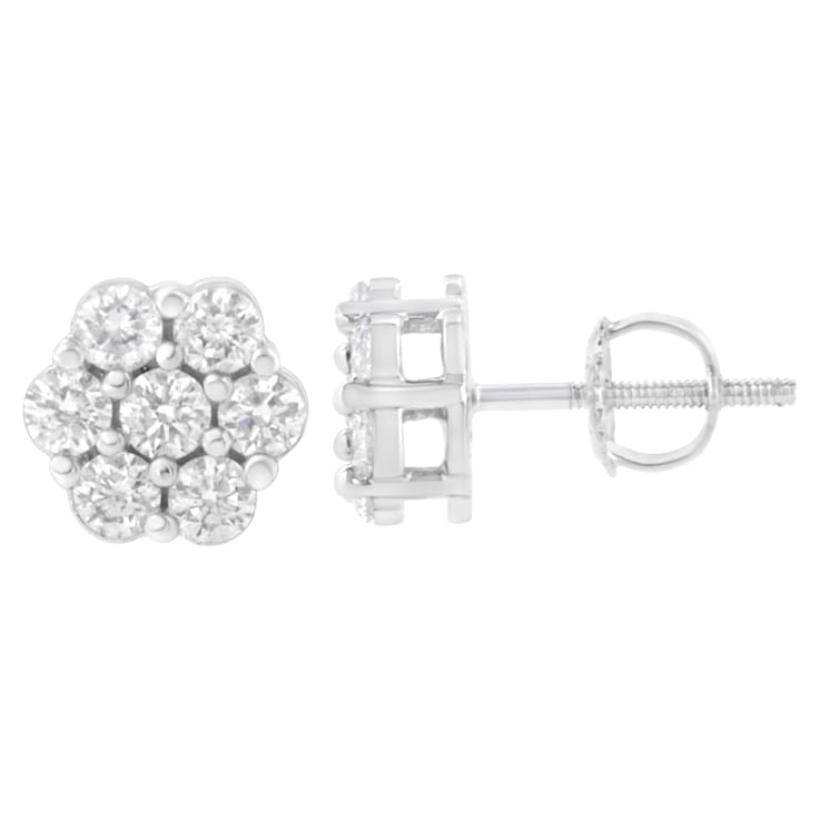14K White Gold 3/4ctw 7 Stone Floral Cluster Round Diamond Stud Earrings
with Screw Backs