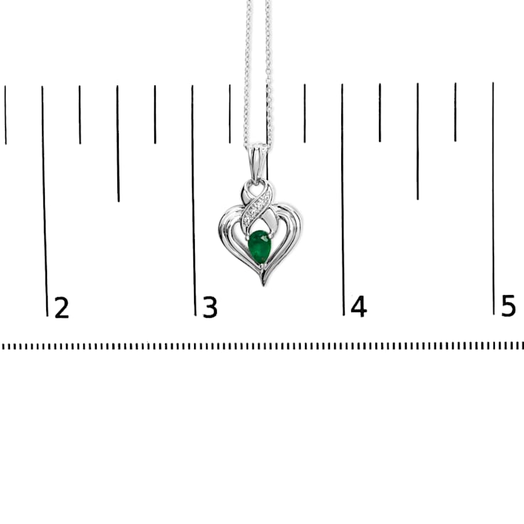 Sterling Silver Pear Emerald and Diamond Accent Heart Pendant Chain- 18 Inches