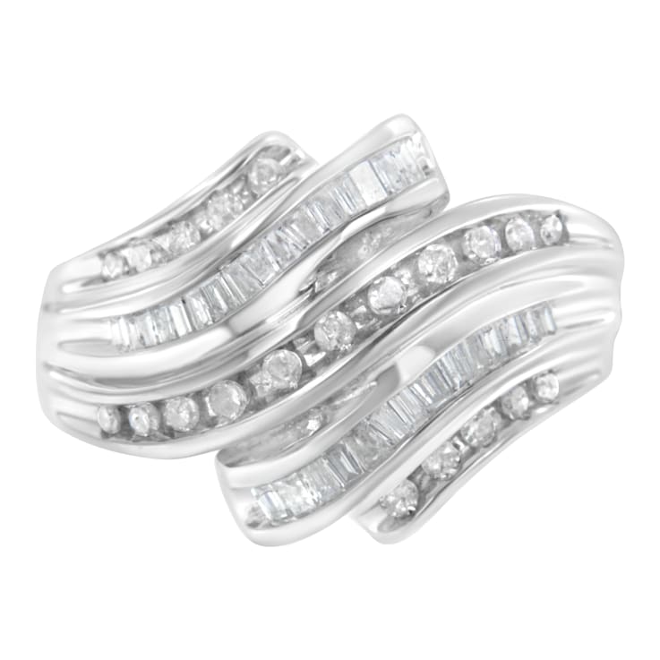 10K White Gold Round and Baguette Cut Diamond Channel Ring
