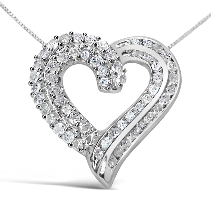 Sterling Silver 1.0ctw Diamond Open work Ribbon Heart Pendant 18"
Necklace (I-J Color, I3 Clarity)