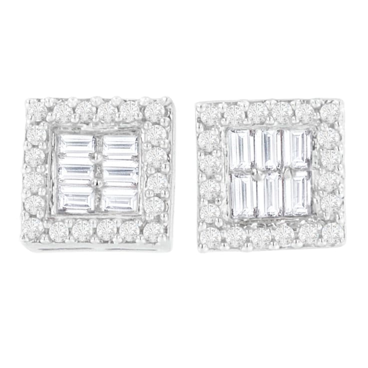 14K White Gold 1.0ctw Round and Baguette Diamond Stud Earrings