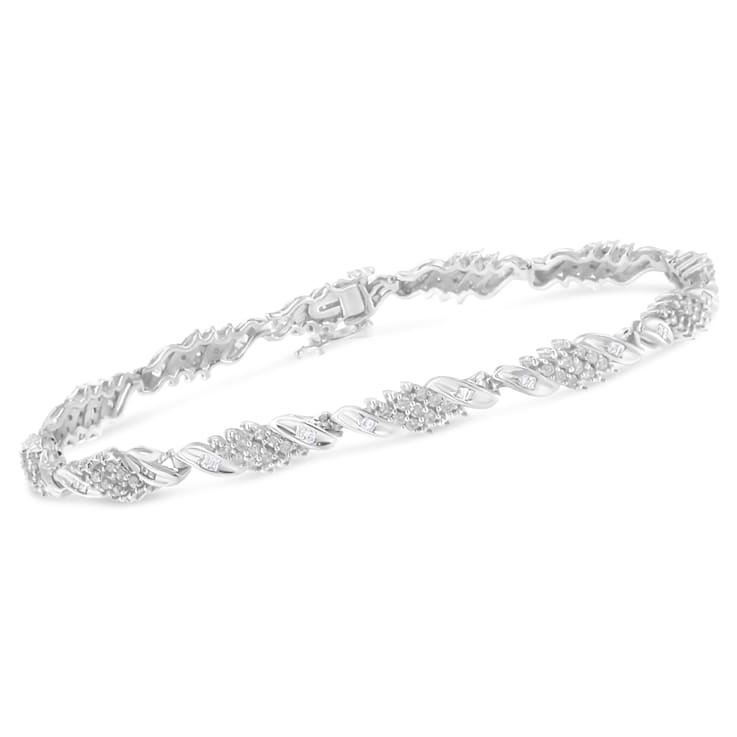 Sterling Silver 1.50ctw Round and Baguette Cut Diamond Wave Link Bracelet