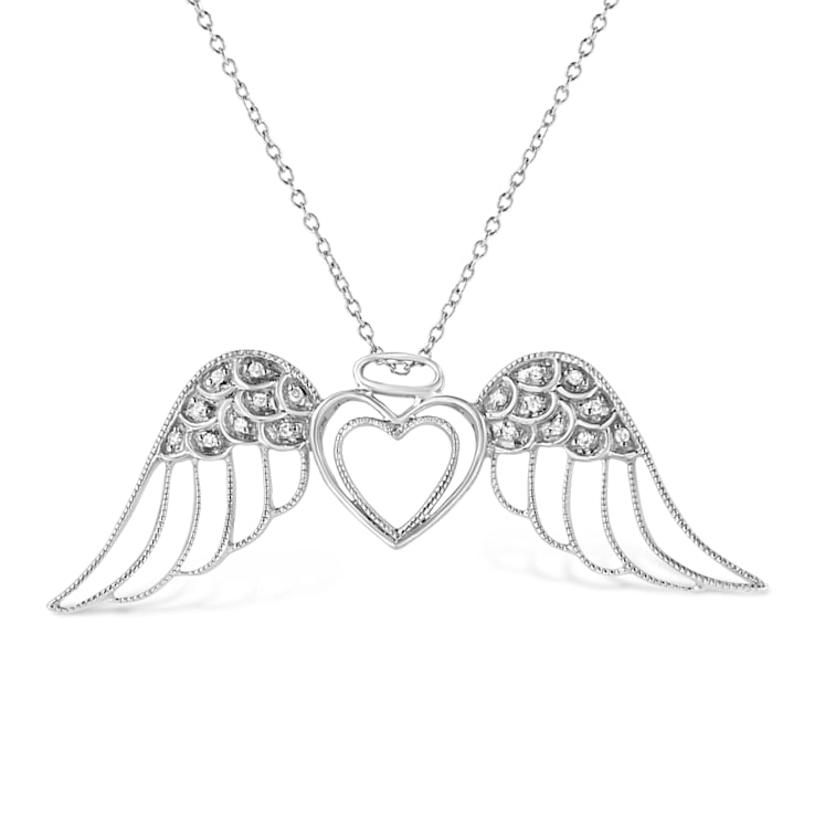 .925 Sterling Silver Pave-Set Diamond Accent Angel Wing 18" Double
Heart Pendant Necklace