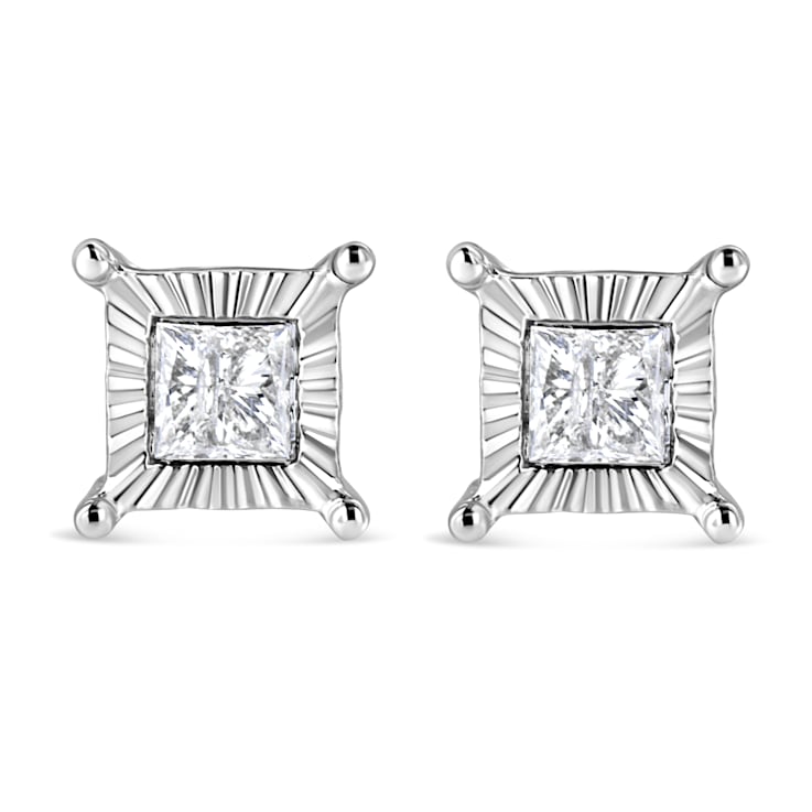 Sterling Silver 1.0ctw Miracle Set Princess-cut Diamond Solitaire Stud Earrings