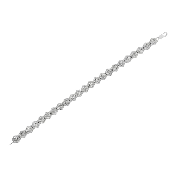 Sterling Silver 2.0ctw Diamond 7 Stone Floral Cluster Link Bracelet