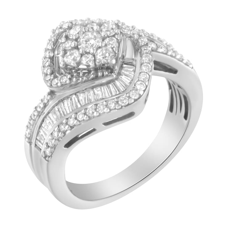 14K White Gold 1.0ctw Mixed-Cut Diamond Round Floral Cluster Ring(H-I
Color, SI2-I1 Clarity)
