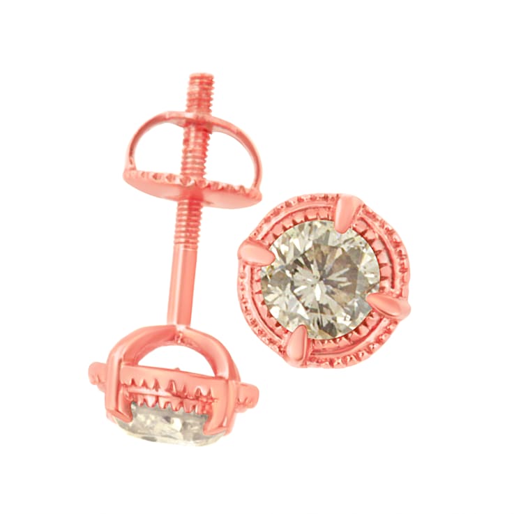 14K Rose Gold Over Sterling Silver 1.0ctw Round Diamond Solitaire
Milgrain Stud Earrings